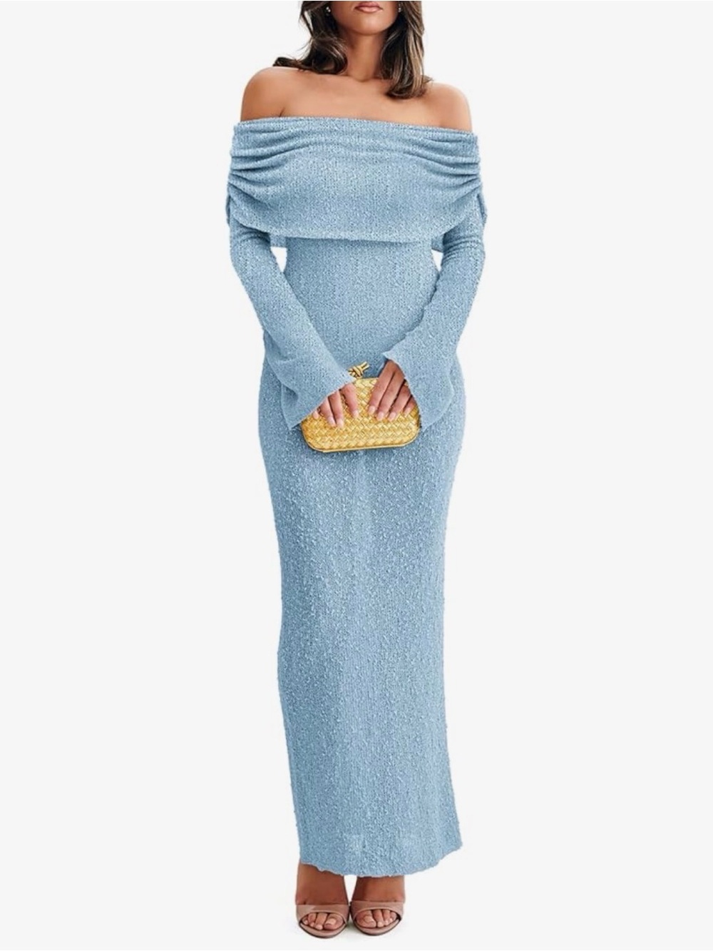 Light Blue Off-Shoulder Knit Maxi Dress